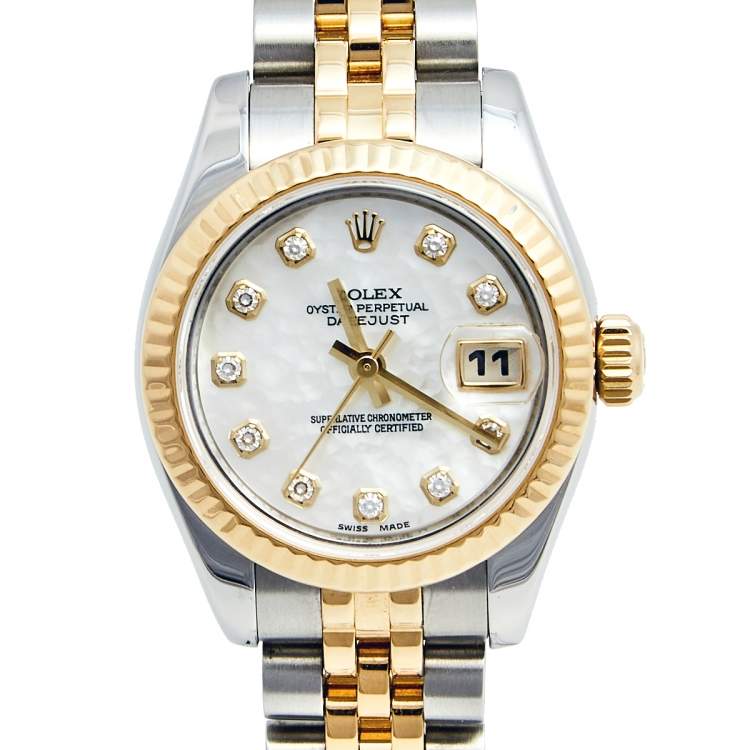 Pre Owned Rolex White Mother Pearl 18K Yellow Gold Stainless Steel Diamond Datejust 179173 Women's Wristwatch 26 mm