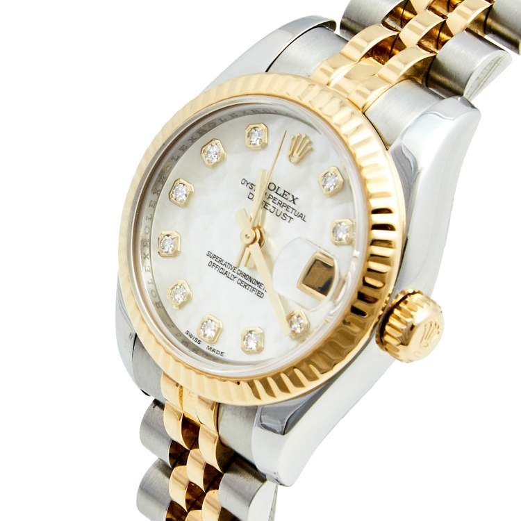 Pre Owned Rolex White Mother Pearl 18K Yellow Gold Stainless Steel Diamond Datejust 179173 Women's Wristwatch 26 mm