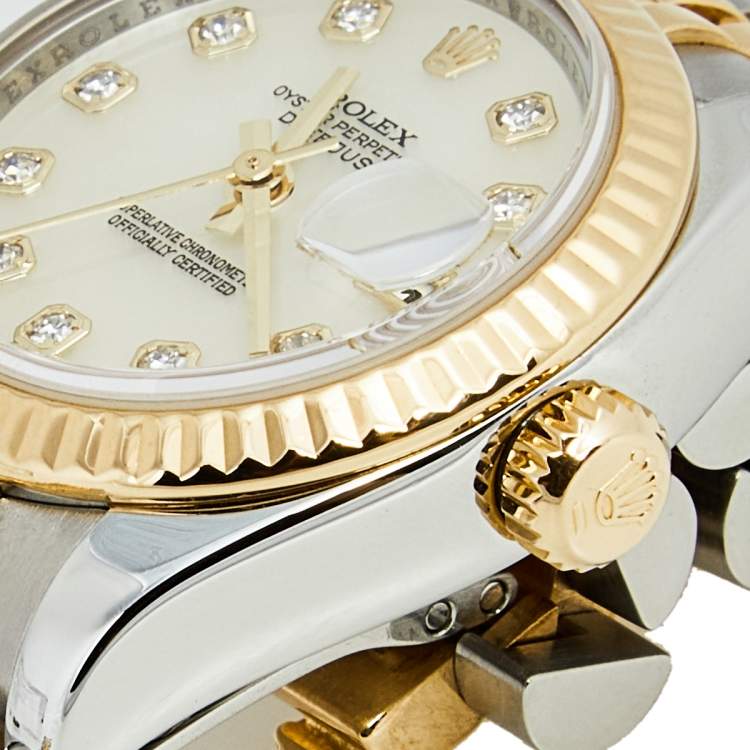 Pre Owned Rolex White Mother Pearl 18K Yellow Gold Stainless Steel Diamond Datejust 179173 Women's Wristwatch 26 mm
