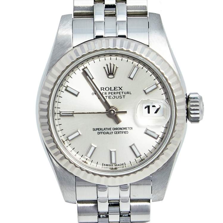 Pre Owned Rolex Silver 18K White Gold Stainless Steel Datejust 179174 Women's Wristwatch 26 MM