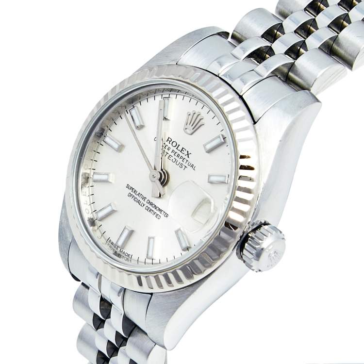Pre Owned Rolex Silver 18K White Gold Stainless Steel Datejust 179174 Women's Wristwatch 26 MM