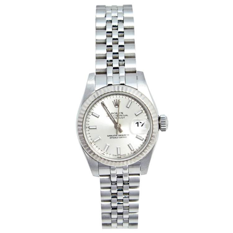 Pre Owned Rolex Silver 18K White Gold Stainless Steel Datejust 179174 Women's Wristwatch 26 MM