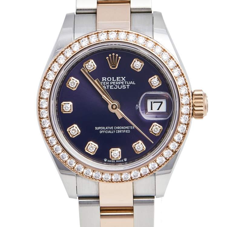 Pre Owned Rolex Aubergine 18K Everose Gold Stainless Steel Diamond Datejust 279381RBR-0015 Women's Wristwatch 28 mm