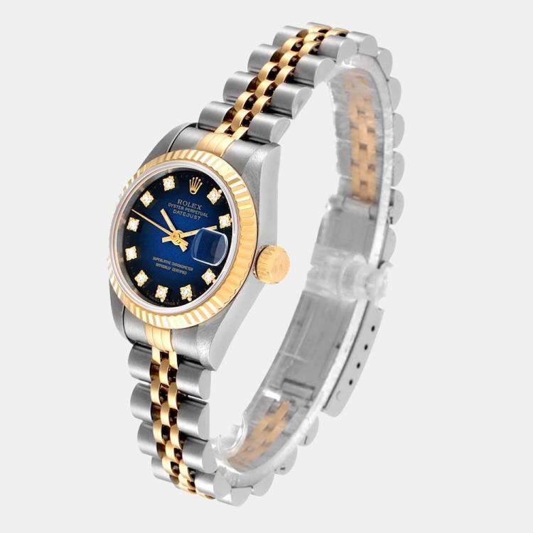 Pre Owned Rolex Blue Diamonds 18K Yellow Gold And Stainless Steel Datejust 69173 Women's Wristwatch 26 MM