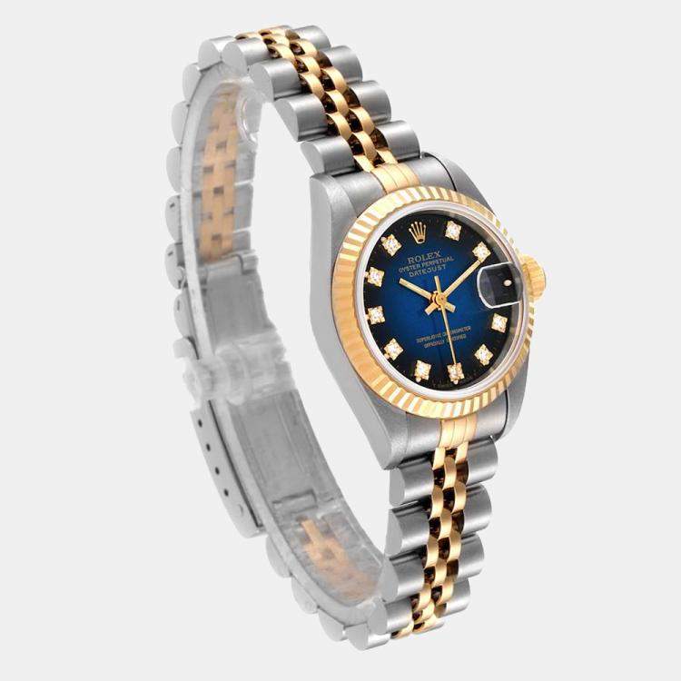 Pre Owned Rolex Blue Diamonds 18K Yellow Gold And Stainless Steel Datejust 69173 Women's Wristwatch 26 MM