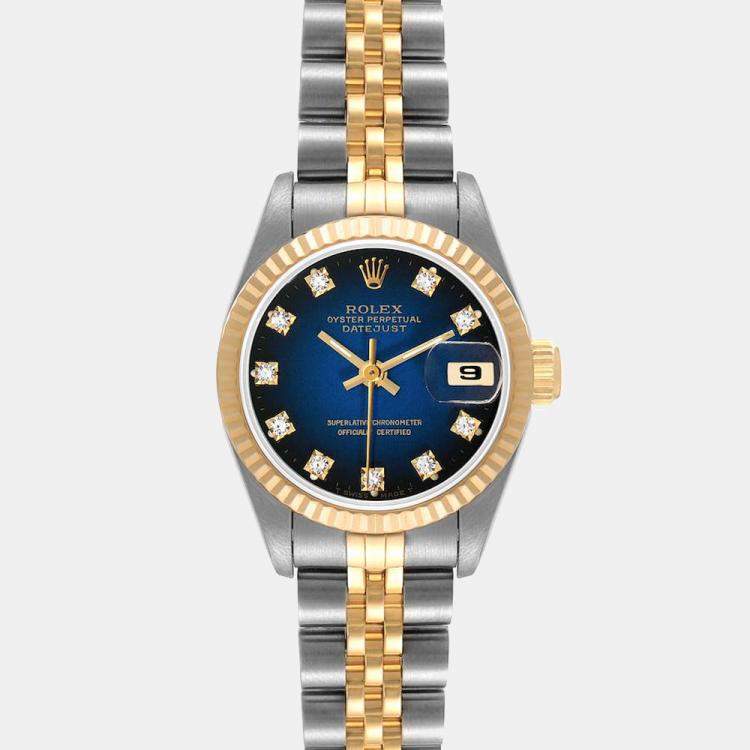 Pre Owned Rolex Blue Diamonds 18K Yellow Gold And Stainless Steel Datejust 69173 Women's Wristwatch 26 MM