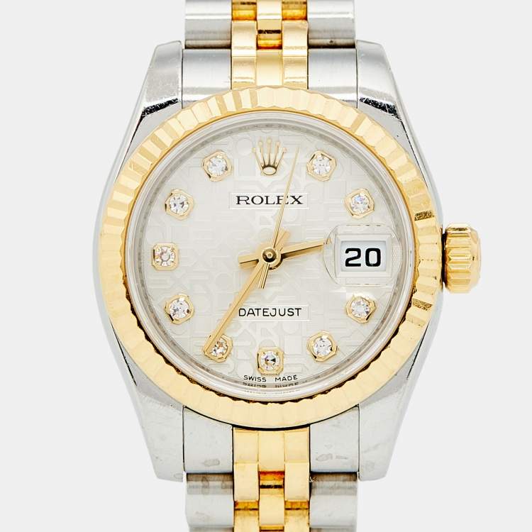مملوكة مسبقًا Rolex Silver White Jubilee 18K Yellow Gold Stainless Steel Diamond Datejust 179173 Women's Wristwatch 26 mm