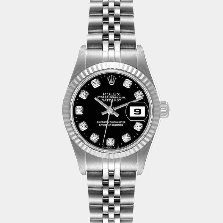 Pre Owned Rolex Black Diamonds 18K White Gold And Stainless Steel Datejust 79174 Women's Wristwatch 26 mm