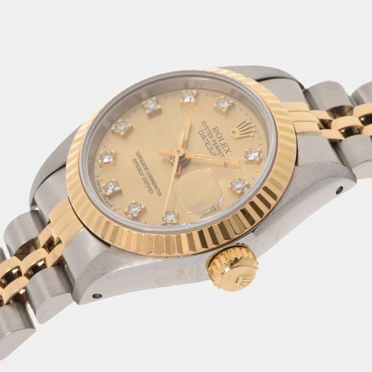Pre Owned Rolex Champagne Diamonds 18K Yellow Gold And Stainless Steel Datejust 69173 Women's Wristwatch 26 MM