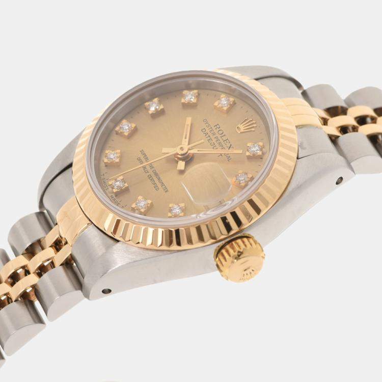 Pre Owned Rolex Champagne Diamonds 18K Yellow Gold And Stainless Steel Datejust 69173 Women's Wristwatch 26 MM