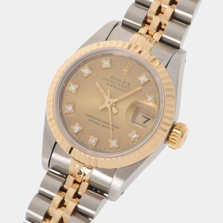 Pre Owned Rolex Champagne Diamonds 18K Yellow Gold And Stainless Steel Datejust 69173 Women's Wristwatch 26 MM
