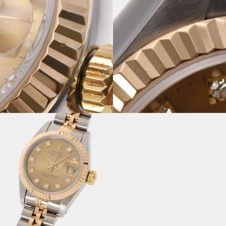 Pre Owned Rolex Champagne Diamonds 18K Yellow Gold And Stainless Steel Datejust 69173 Women's Wristwatch 26 MM