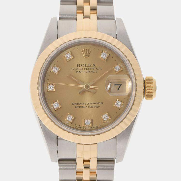 Pre Owned Rolex Champagne Diamonds 18K Yellow Gold And Stainless Steel Datejust 69173 Women's Wristwatch 26 MM