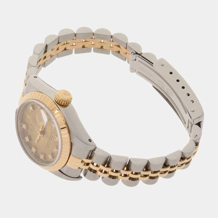 Pre Owned Rolex Champagne Diamonds 18K Yellow Gold And Stainless Steel Datejust 69173 Women's Wristwatch 26 MM