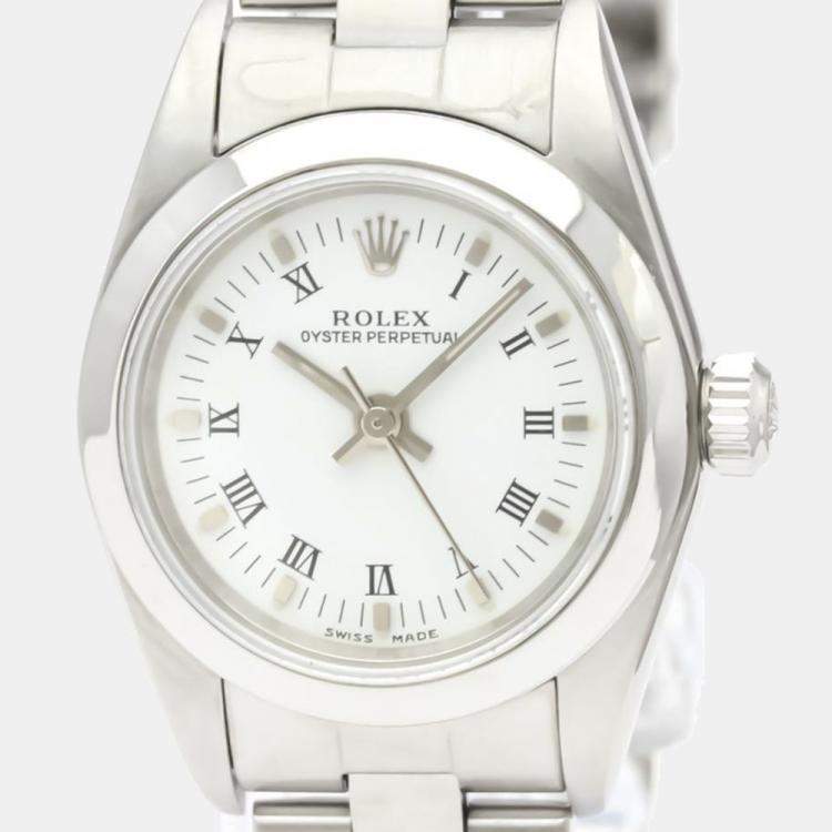 Pre Owned Rolex White Stainless Steel Oyster Perpetual 76080 Automatic Women's Wristwatch 24 MM