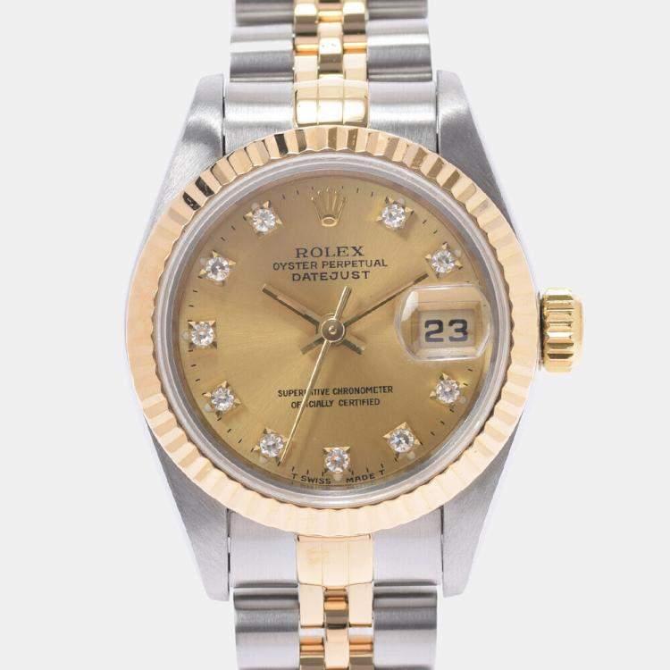 Pre Owned Rolex Champagne 18K Yellow Gold And Stainless Steel Datejust 69173 Women's Wristwatch 26 mm