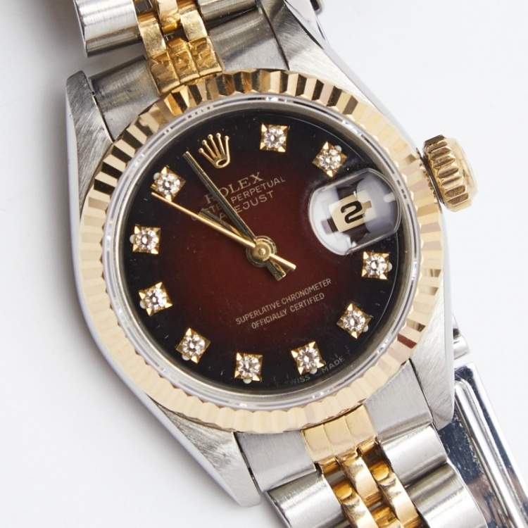 Pre Owned Rolex Red Vignette 18K Yellow Gold Stainless Steel Diamond Datejust 69173 Women's Wristwatch 26 mm