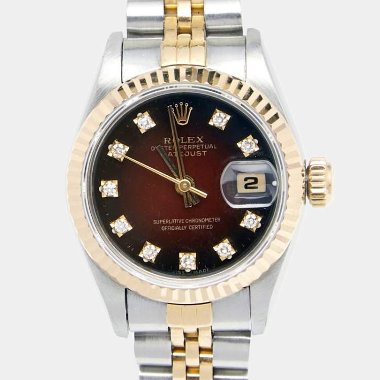 Pre Owned Rolex Red Vignette 18K Yellow Gold Stainless Steel Diamond Datejust 69173 Women's Wristwatch 26 mm