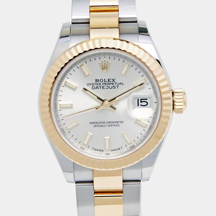 Pre Owned Rolex Silver 18K Yellow Gold Oystersteel Datejust M279173-0020 Women's Wristwatch 28 mm