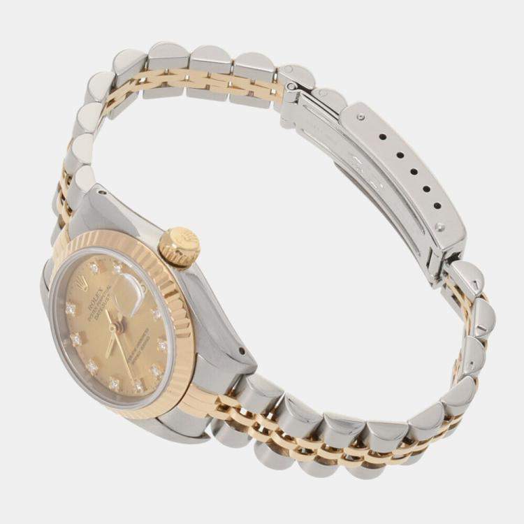 Pre Owned Rolex Champagne Diamonds 18k Yellow Gold And Stainless Steel Datejust 69173 Women's Wristwatch 26 mm