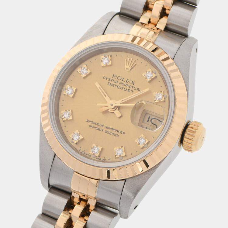 Pre Owned Rolex Champagne Diamonds 18k Yellow Gold And Stainless Steel Datejust 69173 Women's Wristwatch 26 mm