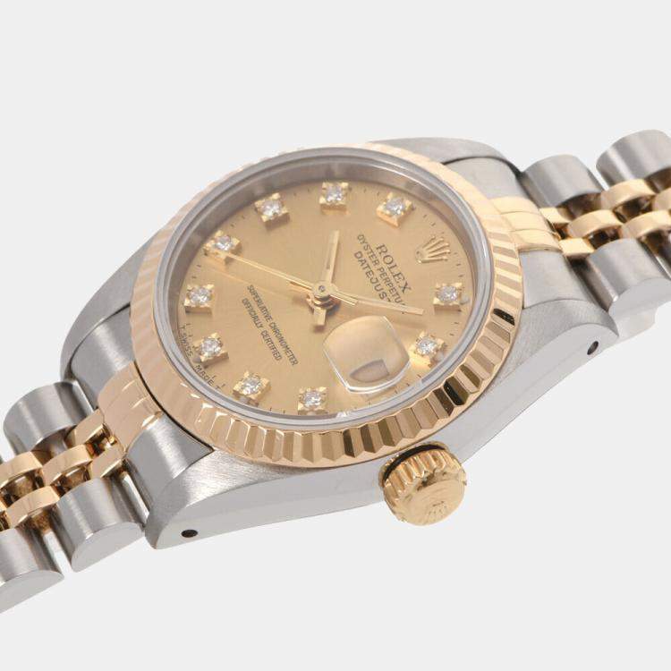 Pre Owned Rolex Champagne Diamonds 18k Yellow Gold And Stainless Steel Datejust 69173 Women's Wristwatch 26 mm
