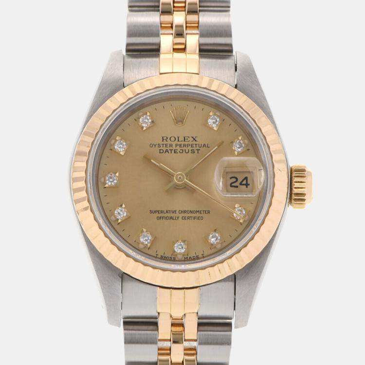 Pre Owned Rolex Champagne Diamonds 18K Yellow Gold And Stainless Steel Datejust 69173 Women's Wristwatch 26 mm