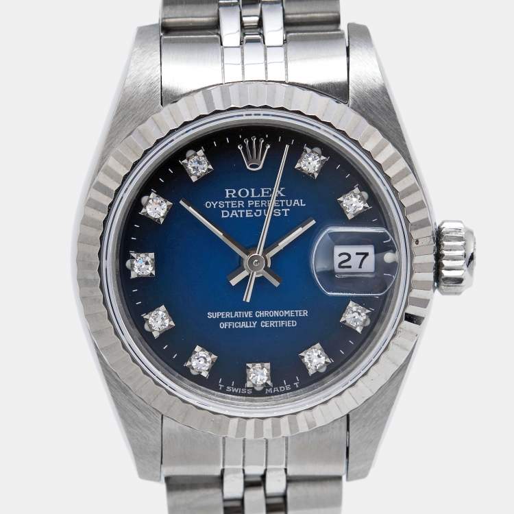 Pre Owned  Rolex Blue Vignette 18K White Gold Stainless Steel Diamond Datejust 69174 Women's Wristwatch 26 mm