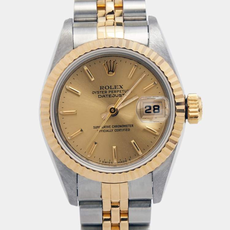مملوكة مسبقًا Rolex Champagne 18K Yellow Gold Stainless Steel Datejust 69173 Women's Wristwatch 26 mm