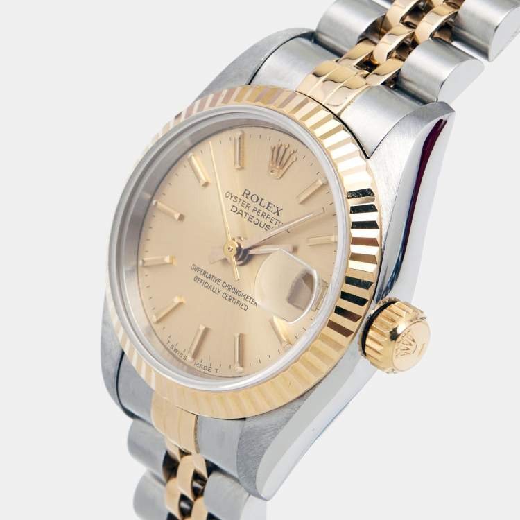 مملوكة مسبقًا Rolex Champagne 18K Yellow Gold Stainless Steel Datejust 69173 Women's Wristwatch 26 mm