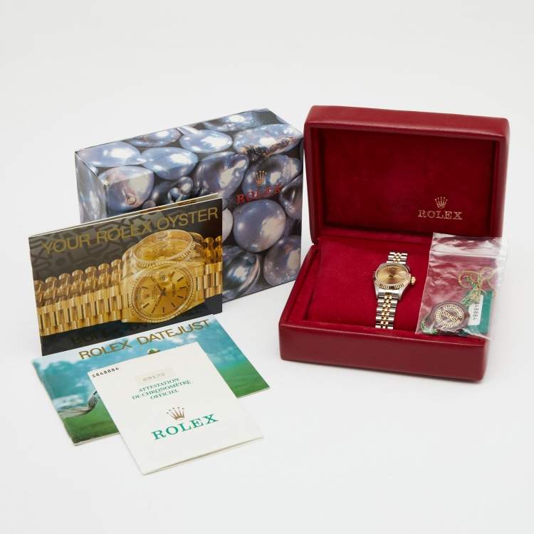 مملوكة مسبقًا Rolex Champagne 18K Yellow Gold Stainless Steel Datejust 69173 Women's Wristwatch 26 mm