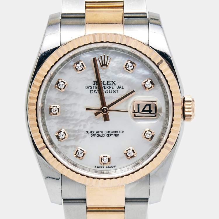 Pre Owned Rolex Mother of Pearl Diamond 18k Everose Stainless Steel Datejust 116231 Women's Wristwatch 36 mm