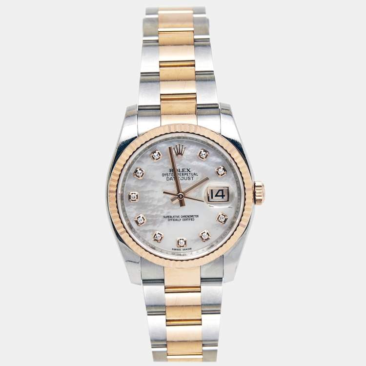 Pre Owned Rolex Mother of Pearl Diamond 18k Everose Stainless Steel Datejust 116231 Women's Wristwatch 36 mm