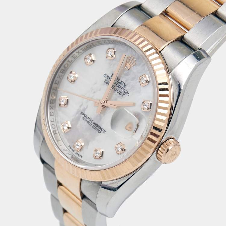 Pre Owned Rolex Mother of Pearl Diamond 18k Everose Stainless Steel Datejust 116231 Women's Wristwatch 36 mm