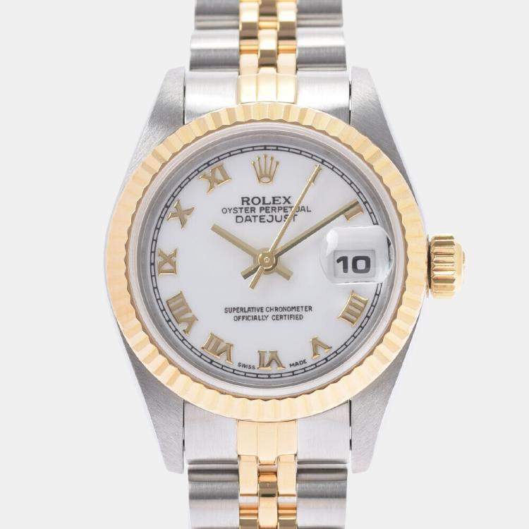 Pre Owned Rolex White 18K Yellow Gold And Stainless Steel Datejust 69173 Automatic Women's Wristwatch 26 mm