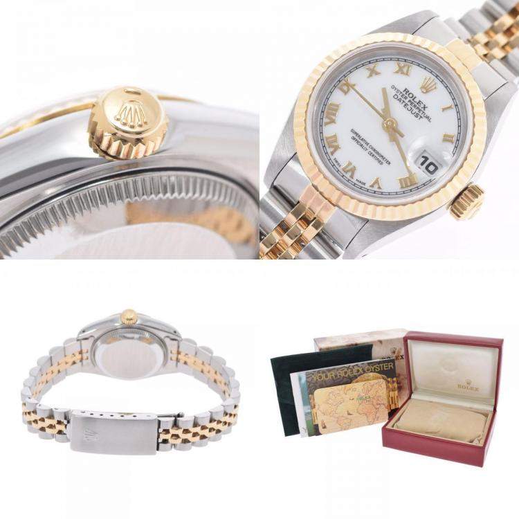 Pre Owned Rolex White 18K Yellow Gold And Stainless Steel Datejust 69173 Automatic Women's Wristwatch 26 mm