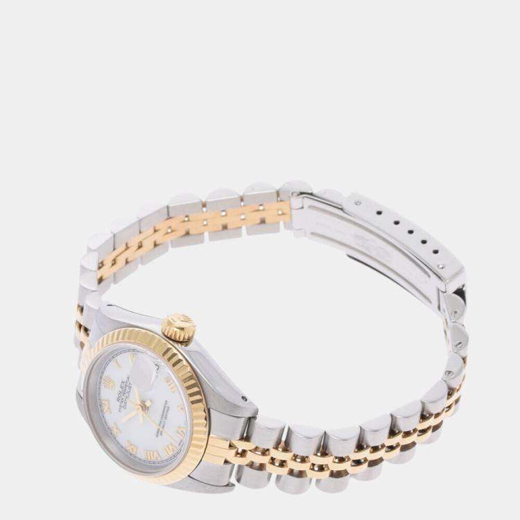 Pre Owned Rolex White 18K Yellow Gold And Stainless Steel Datejust 69173 Automatic Women's Wristwatch 26 mm