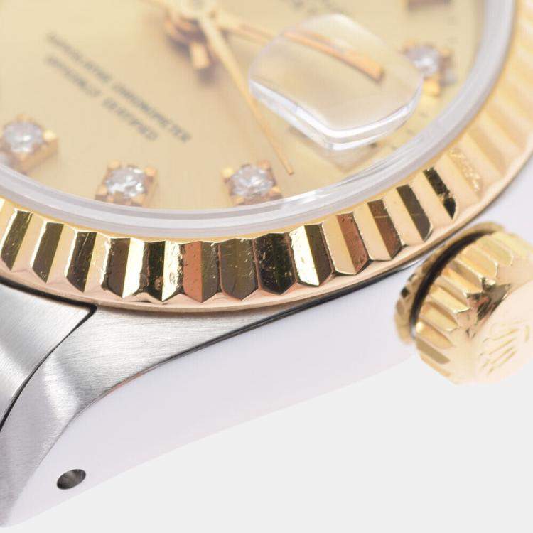 Pre Owned Rolex Champagne Diamonds 18K Yellow Gold And Stainless Steel Datejust 69173 Automatic Women's Wristwatch 26 mm