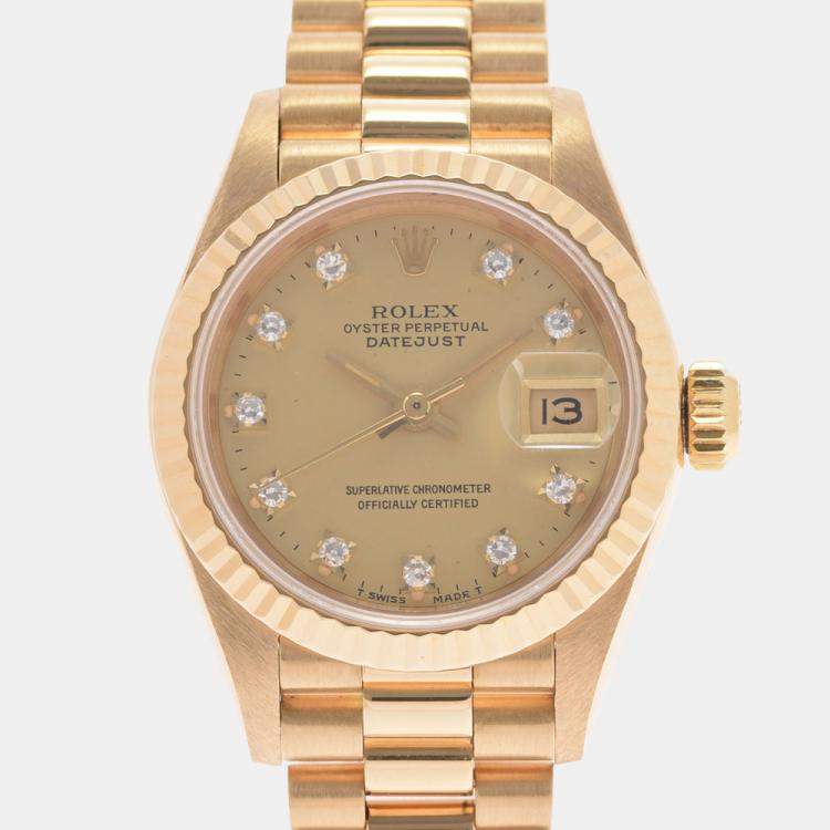 Pre Owned Rolex Champagne Diamonds 18K Yellow Gold Datejust 69178 Automatic Women's Wristwatch 26 mm