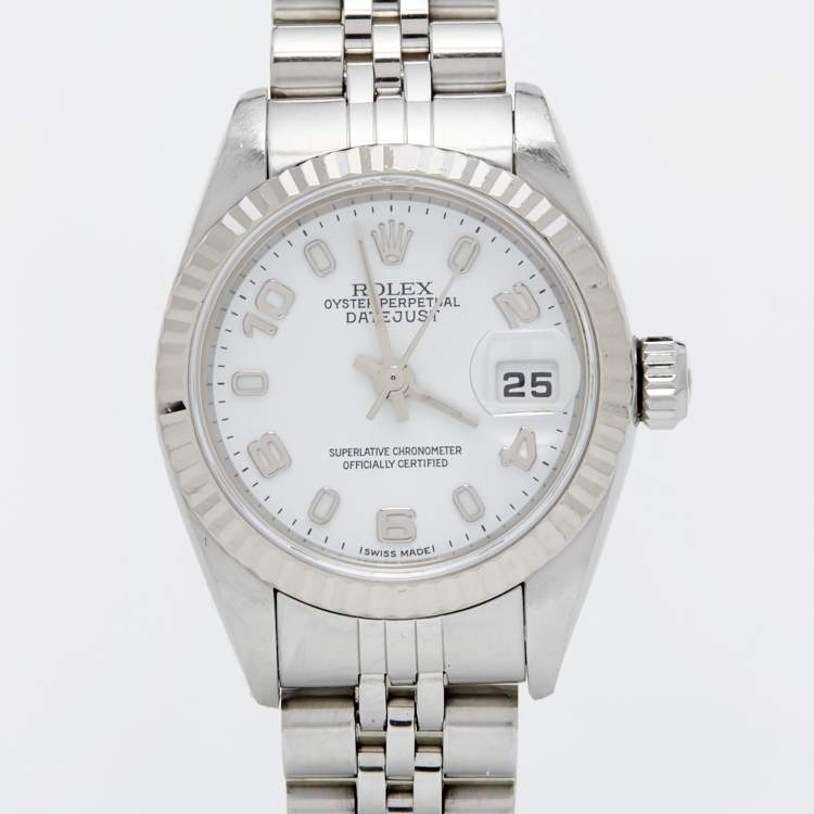 مملوكة مسبقًا Rolex White 18K White Gold Stainless Steel Datejust 79174 Women's Wristwatch 26 mm