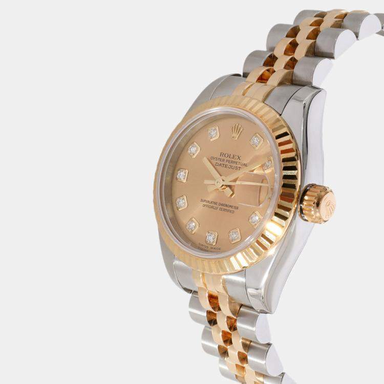 Pre Owned Rolex Champagne Diamonds Yellow Gold And Stainless Steel Datejust 179173 Automatic Women's Wristwatch 26 mm