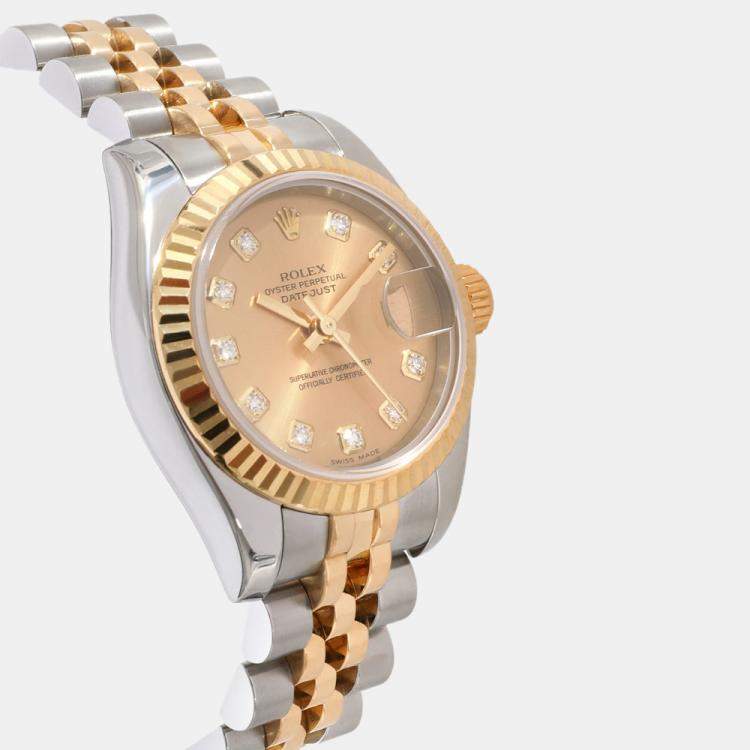 Pre Owned Rolex Champagne Diamonds Yellow Gold And Stainless Steel Datejust 179173 Automatic Women's Wristwatch 26 mm