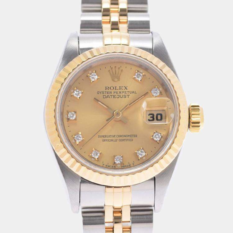 Pre Owned Rolex Champagne Diamonds 18K Yellow Gold And Stainless Steel Datejust 69173G Automatic Women's Wristwatch 26 mm