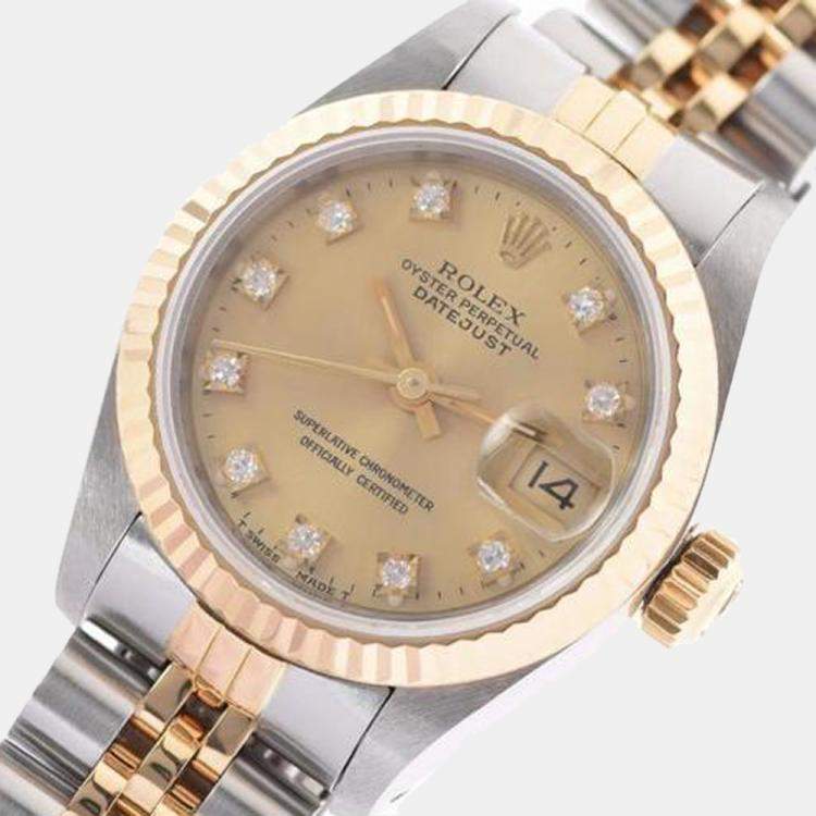 Pre Owned Rolex Champagne Diamond 18K Yellow Gold And Stainless Steel Datejust 69173G Automatic Women's Wristwatch 26 mm