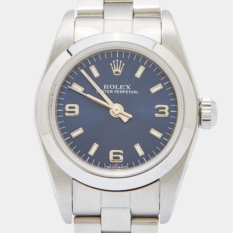 Pre Owned Rolex Blue Stainless Steel Oyster Perpetual 76080 Women's Wristwatch 24 MM
