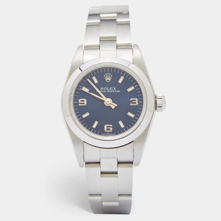 Pre Owned Rolex Blue Stainless Steel Oyster Perpetual 76080 Women's Wristwatch 24 MM