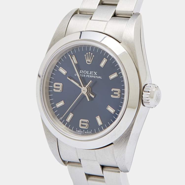 Pre Owned Rolex Blue Stainless Steel Oyster Perpetual 76080 Women's Wristwatch 24 MM