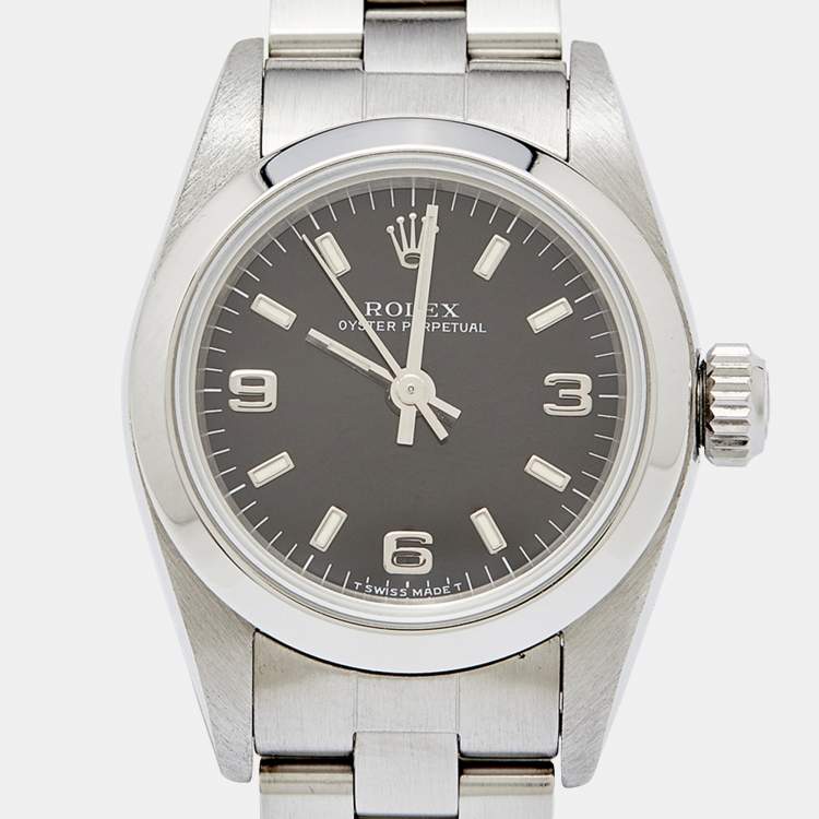 Pre Owned Rolex Black Stainless Steel Oyster Perpetual 67180 Automatic Women's Wristwatch 24 MM