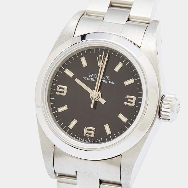 Pre Owned Rolex Black Stainless Steel Oyster Perpetual 67180 Automatic Women's Wristwatch 24 MM