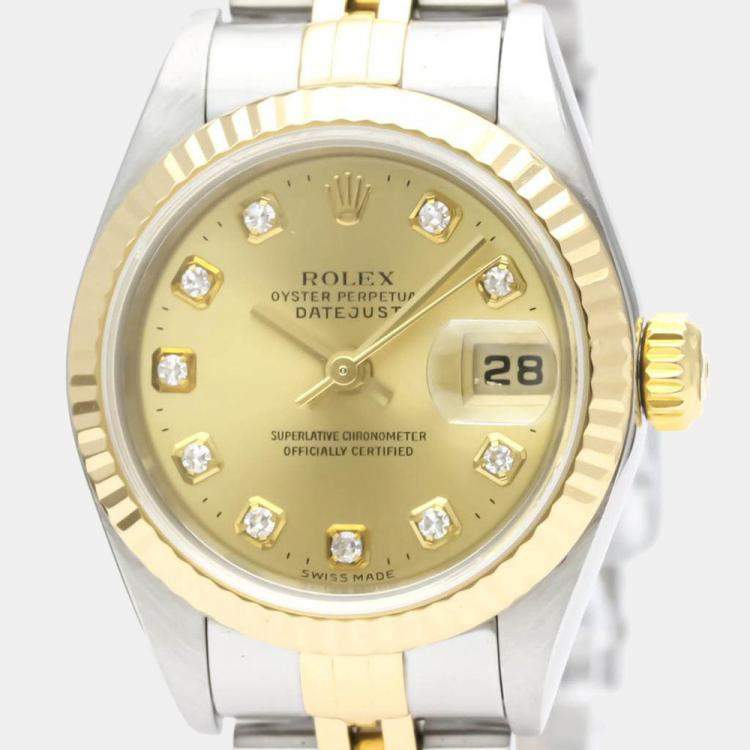 Pre Owned Rolex Champagne Diamond 18k Yellow Gold And Stainless Steel Datejust 79173G Automatic Women's Wristwatch 26 mm